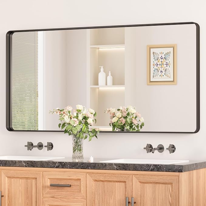 Keonjinn Black Bathroom Mirror for Over Sink, 48 x 24 Inch Large Rounded by Keonjinn