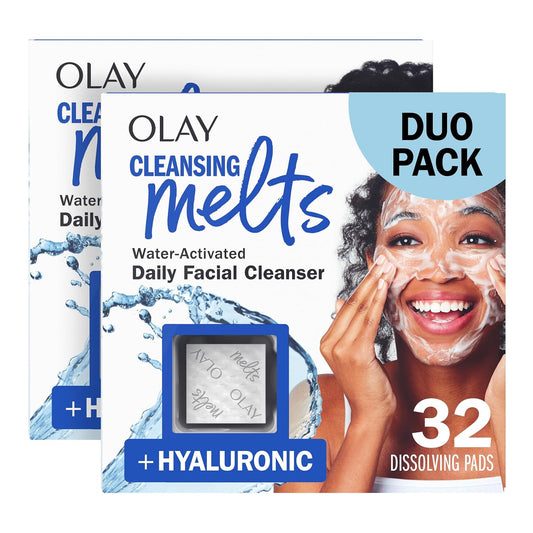 Olay Face Wash, Hyaluronic Acid Cleansing Melts, Fragrance-Free, Daily Use Gentle Cleanser, For All Skin Types, Travel Size, Water-Activated to Clean, Tone, and Refresh, 64ct (2 Pack x 32ct)