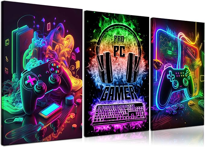 3Pcs Cool Gaming Wall Art Retro Video Gamer watercolor Posters Pictures by PPV
