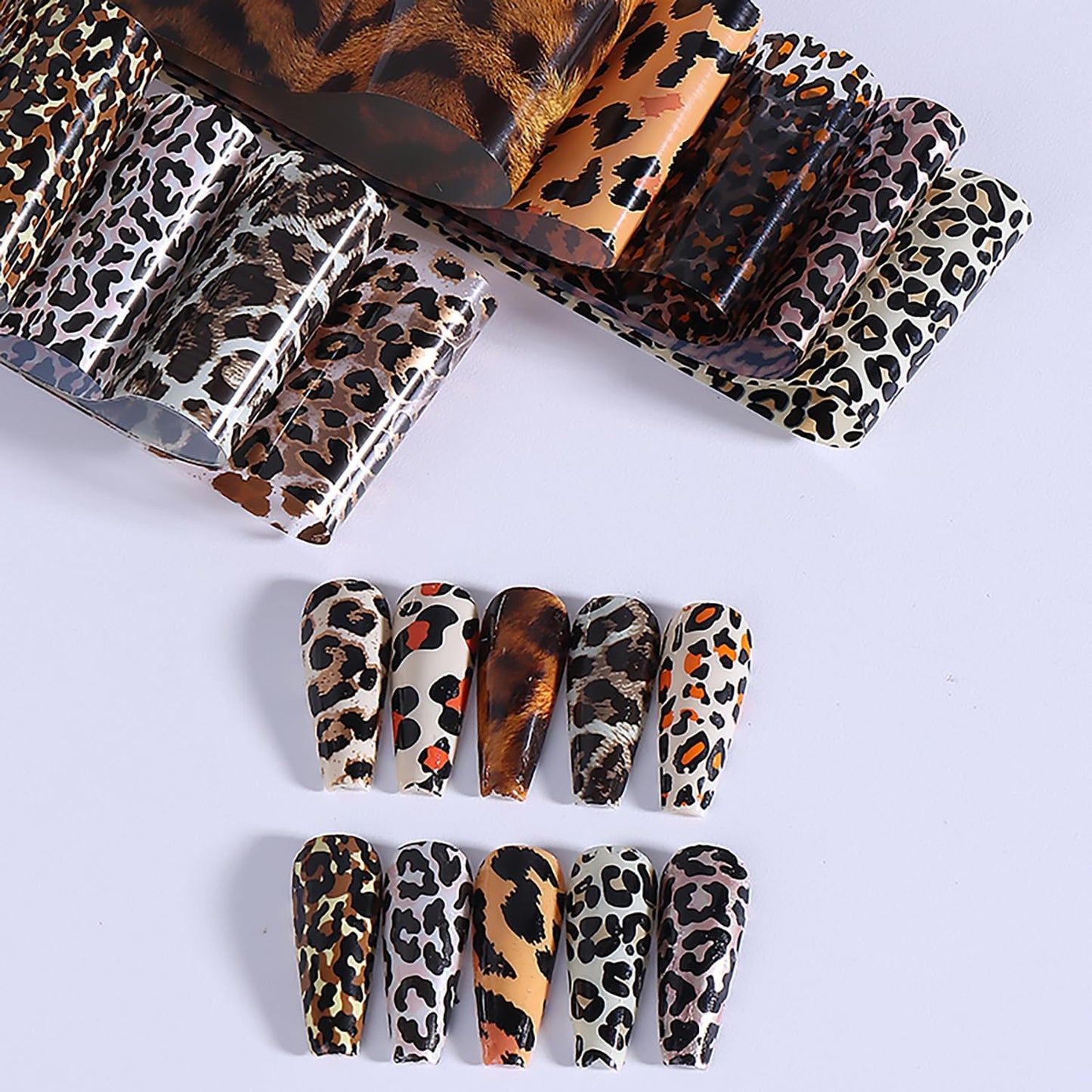 10 Rolls Leopard Print Nail Foil Transfer Stickers Autumn Winter Nails Decoration Self Adhesive Leopard Nail Foils Transfer Nail Art Animal Print Nails Supplies for Women DIY Manicure Accessories
