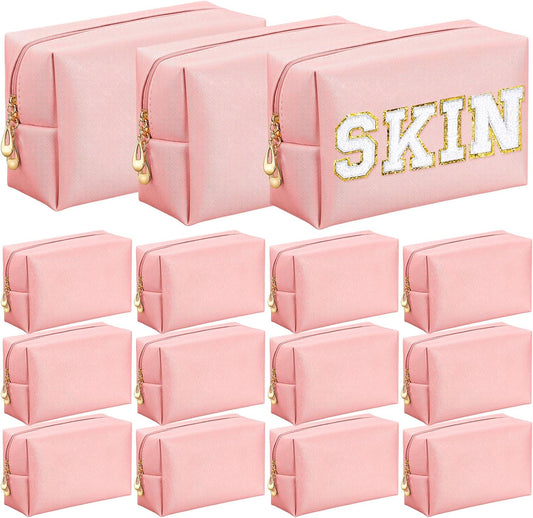 Kigeli 15 Pcs Aesthetic Makeup Bags PU Leather Cosmetic Pouches Waterproof Plain Toiletry Bags Makeup Pouches Bulk for Women Party Gift Travel Storage Organizer(Pink)