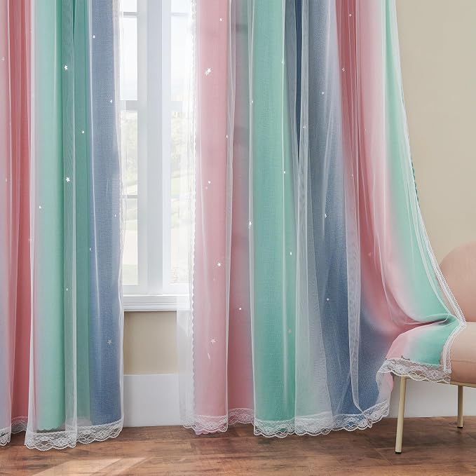 XiDi Curtains for Bedroom Decor, Rainbow Pinkgreen grey34/45 - Image 4