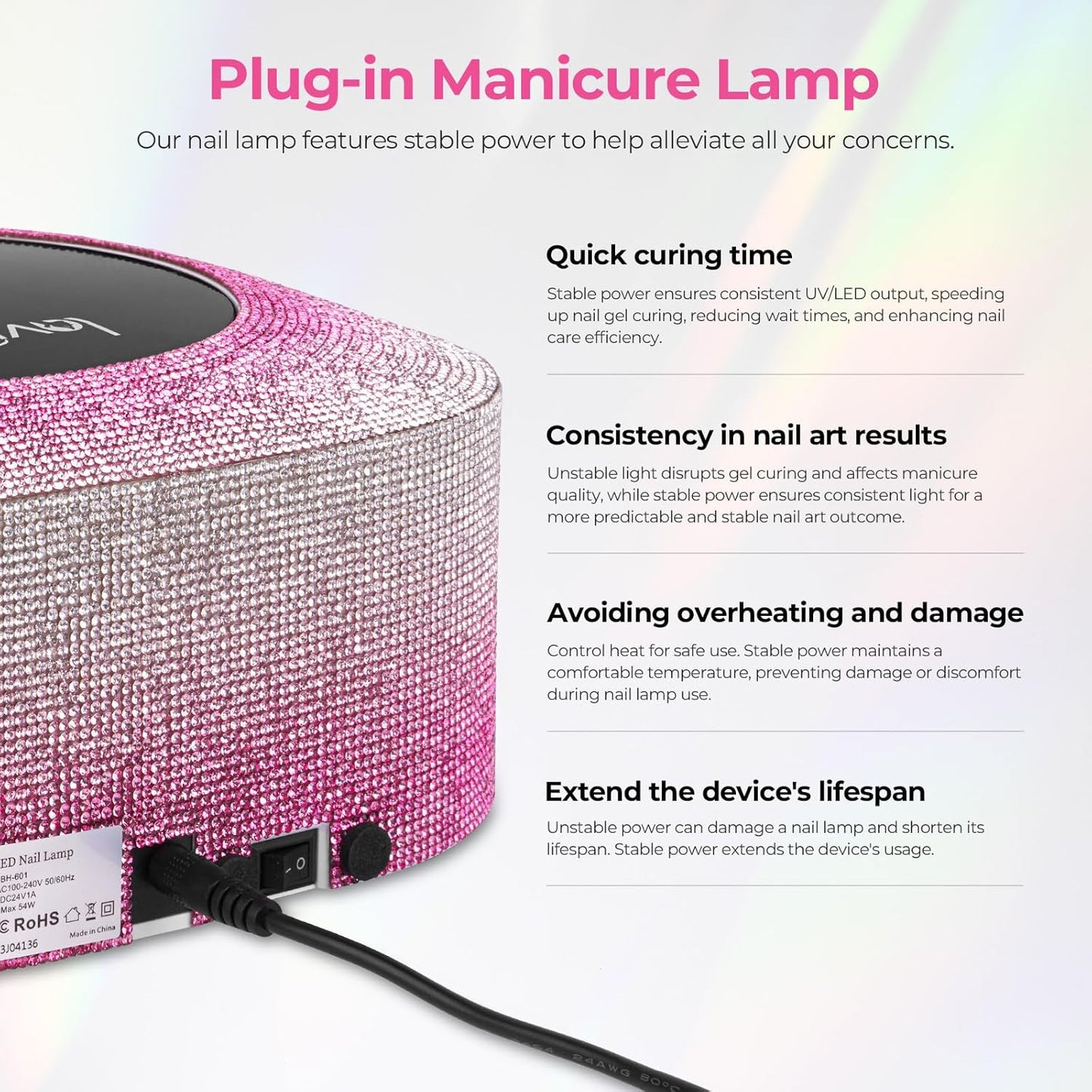 Lavinda UV Nail Lamp, 54W UV Light for Gel Nails with Rhinestones, Plug-in UV LED Nail Lamp Nail Light Fast Curing Lamp Nail Dryer for Gel Polish, Nail Supplies for Salon Home Use, Gradient Pink