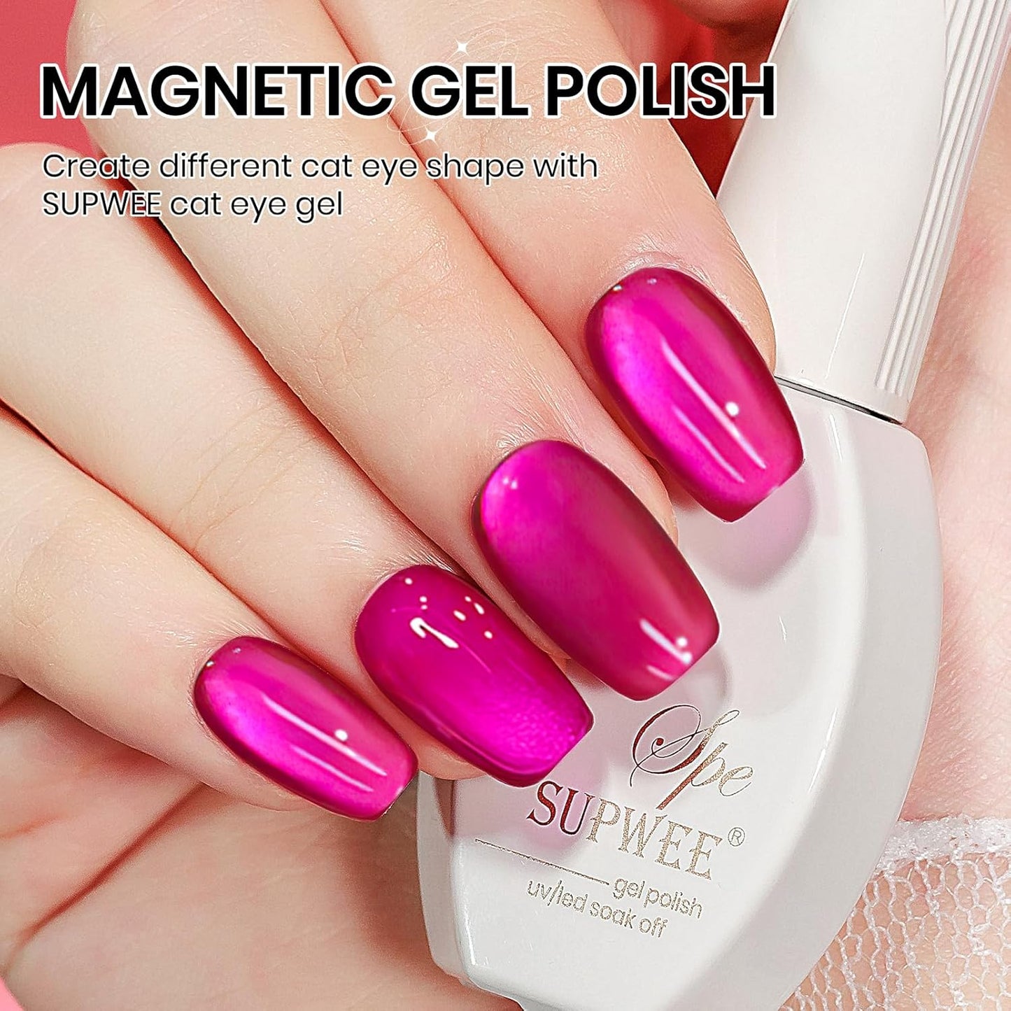 Hot Pink Cat Eye Gel Polish, 15ML Glass Moonlight Cateye Gel Nail Polish Jelly Shimmer Glitter Effect Soak Off Salon DIY at Home