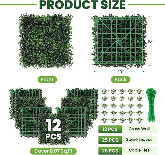 Grass Wall 12 Pack 10"x10" Artificial Boxwood Hedge Wall Panels, Privacy Hedge - Image 2