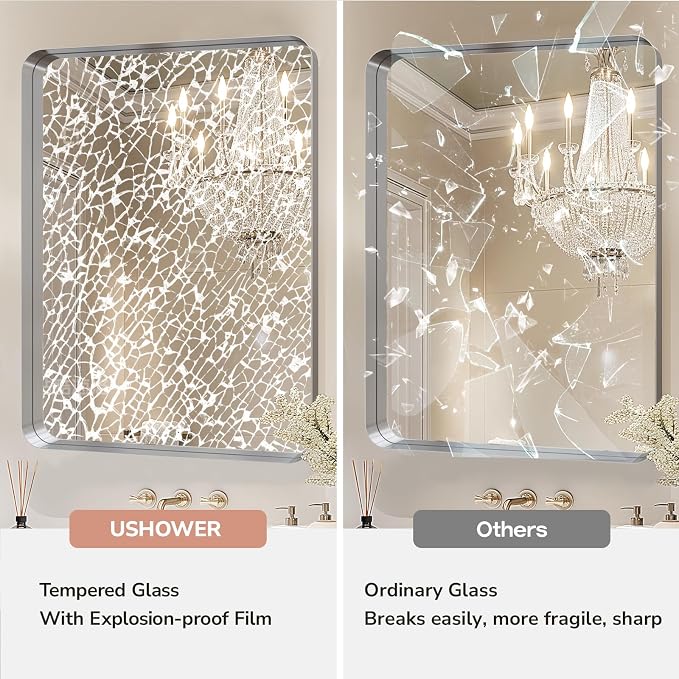 USHOWER Brushed Nickel Bathroom Mirror 24"x36", Rounded Corner, Aluminum Frame - Image 3
