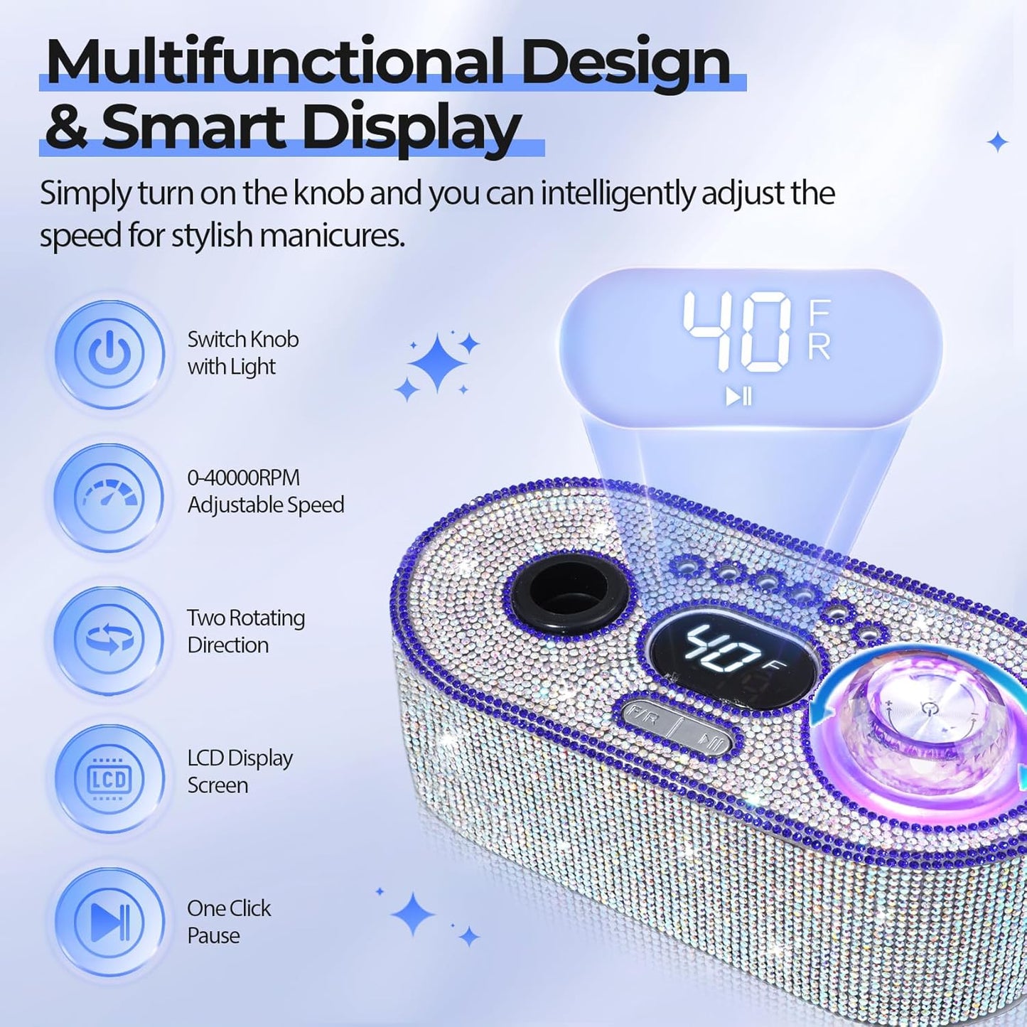 Electric Nail Drill Professional: Shiny 40000RPM Electric Nail File Kit E File Nail Drill Machine with LCD Display for Acrylic Gel, Manicure Pedicure Polishing Grinder for Salon Home, Diamond