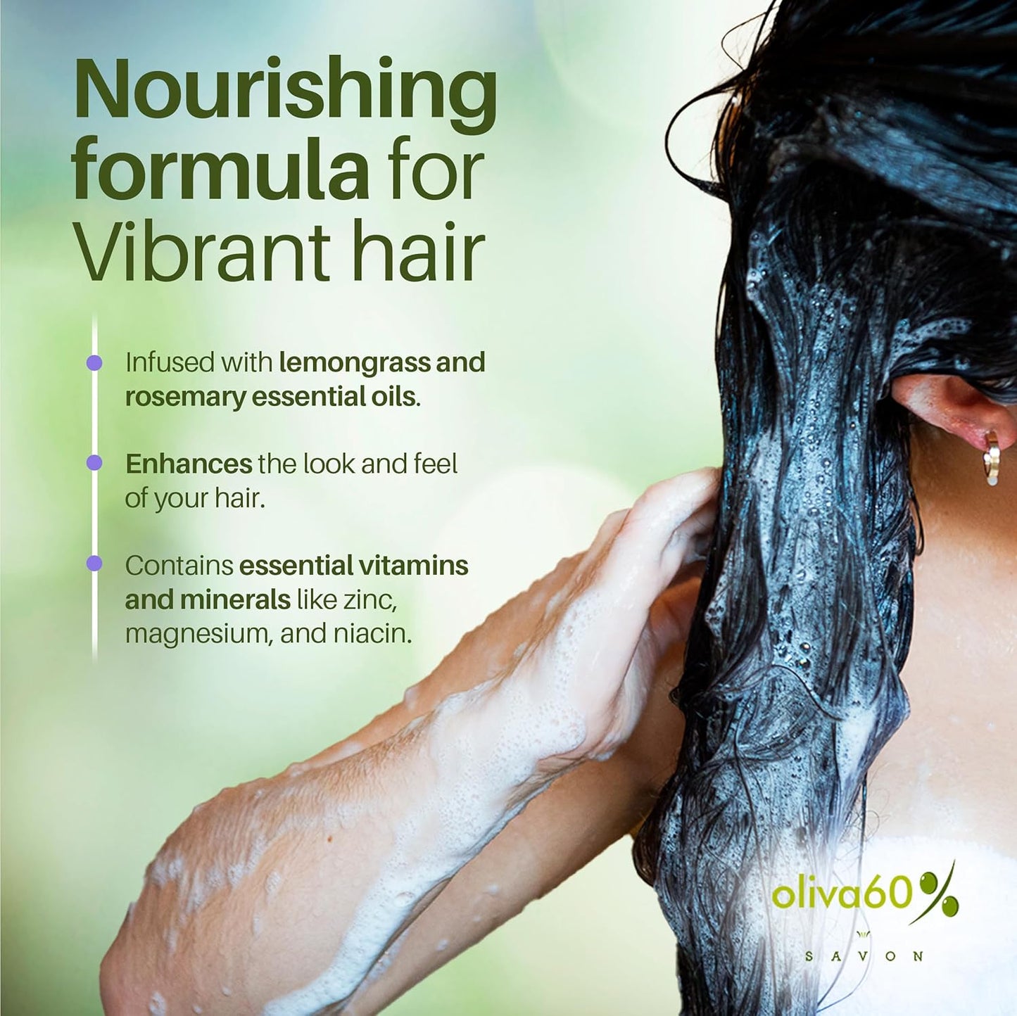 Shampoo Bar Lemongrass Rosemary - Olive, Argan, Macadamia Oil | Sulfate & Paraben Free | Organic Natural Hair Care | 3.5 oz | Shampoo for Oily Hair | No Plastic Waste | OLIVA 60