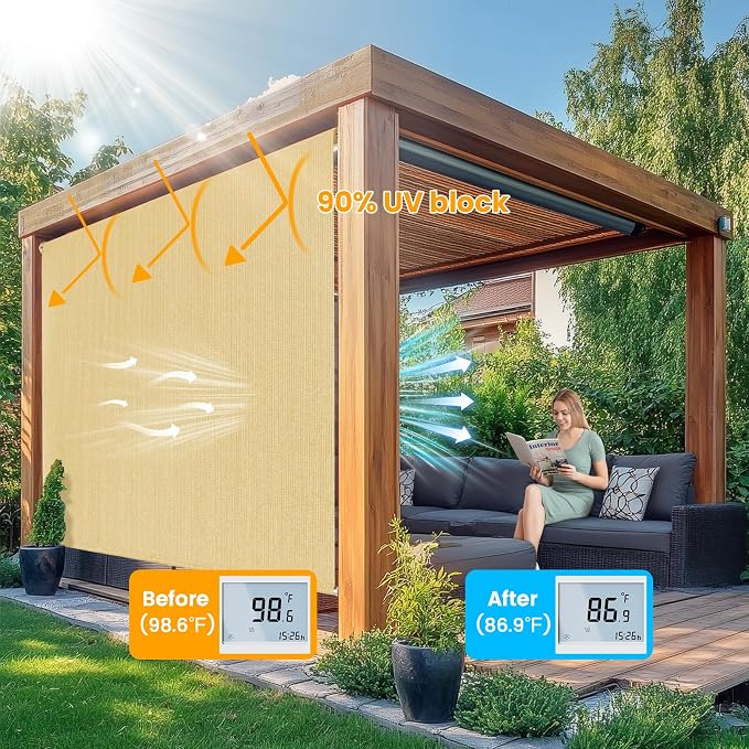7'W x 8'H Sesame Patio Shades Roll up Outdoor Roller Shade Crank Wand Blind - Image 2
