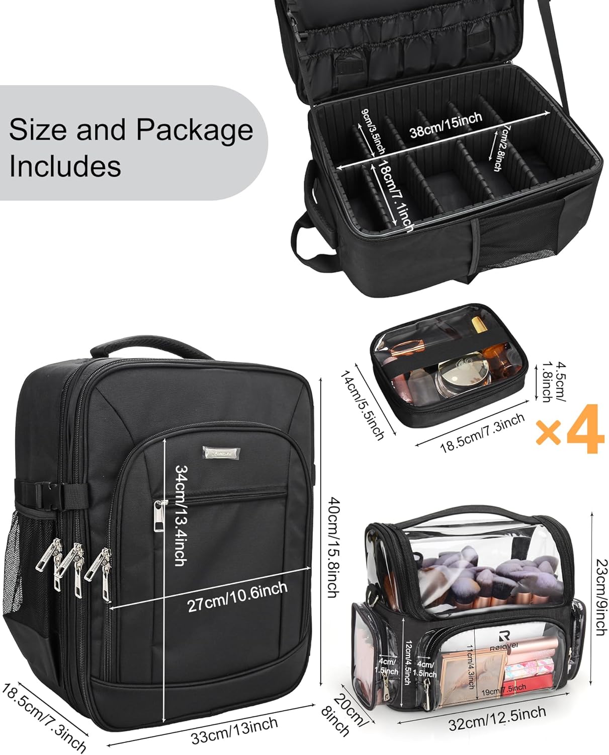 Makeup Backpack Extra Large Cosmetic Bags Professional Makeup Artist Bag Travel Train Case Storage Organizer Double-Layer Cosmetic Case with 4 Pouch and Brush Organizer