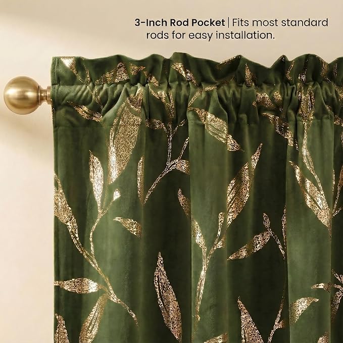 NICETOWN Leaf Patterned Green Velvet Curtains 96 inches Long 2 Panels Gold Foil - Image 4