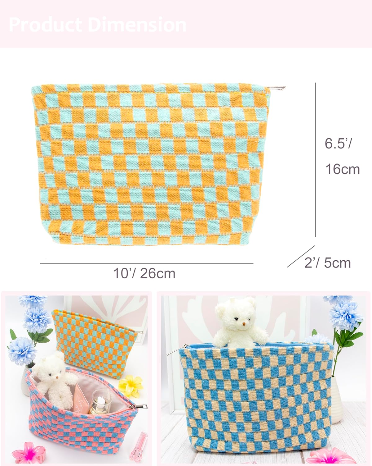 PAZIMIIK Knitted Checkered Makeup Bag Large Zipper Make Up Accessory Pouch for Purse Cosmetic Brush Bag for Travel Essential Orange Green