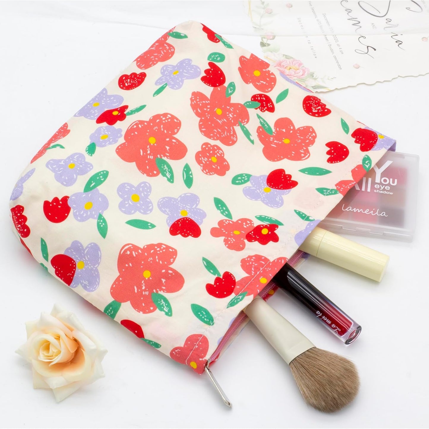 Floral Makeup Bag Large Cotton Zipper Pouch for Purse Travel Canvas Make Up Organizer for Women Cosmetic,Flower Pink