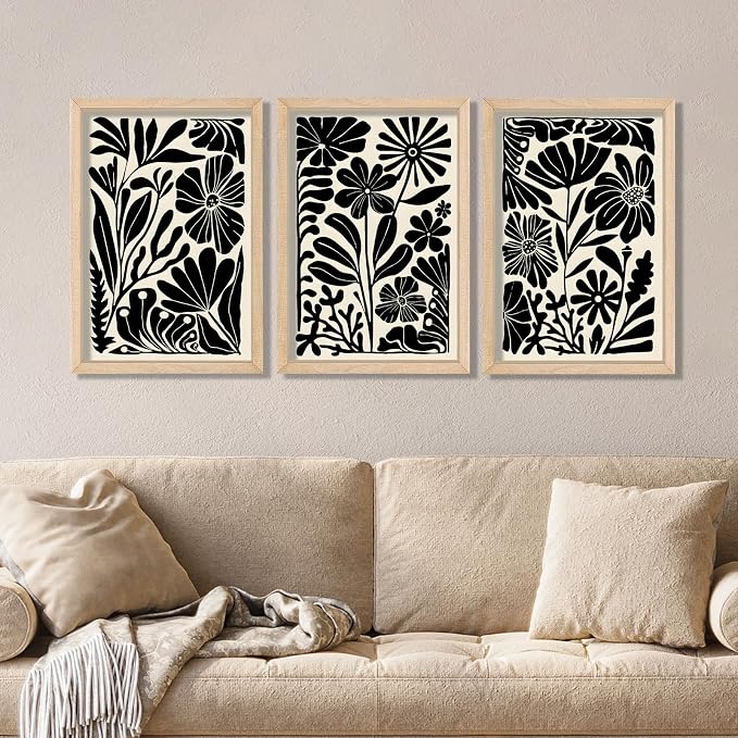 YWJKWLGS Abstract Floral Wall Art Set of 3, 11x16 Inch Black Boho Flower Prints - Image 3