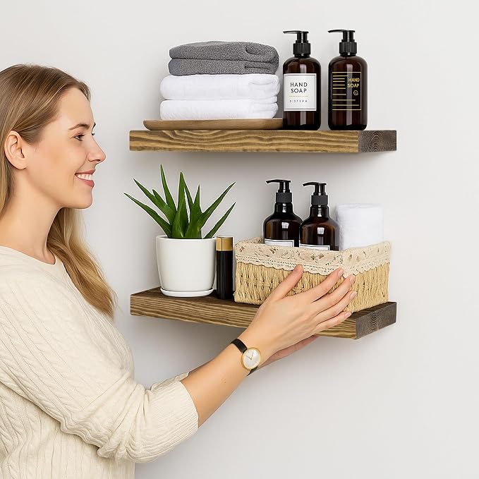 BGMG Wood Floating Shelves for Wall 16 inch Set of 2, Rustic Wooden Wall Mount - Image 2
