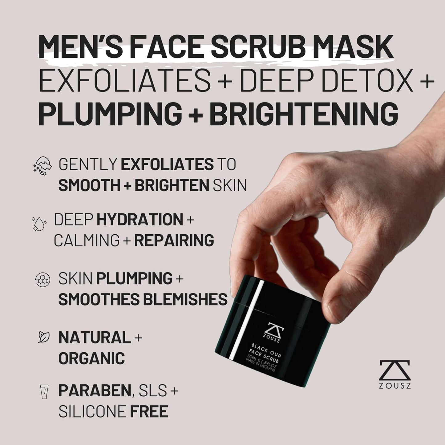 Black Oud Charcoal Men’s Face Scrub & Mask – Deep Cleansing Exfoliating Clay Face Wash with Activated Charcoal, Salicylic Acid & Hyaluronic Acid – Clears Pores & Revives Skin – 50ml