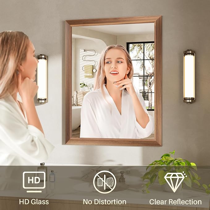 28x36 Inch Bathroom Mirror for Wall, Anti-Rust Walnut Wood Grain Metal Framed - Image 6