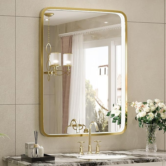 20X28 Inch Framed LED Lighted Bathroom Mirror, Wall Mounted Gold Metal Vanity by FTOTI