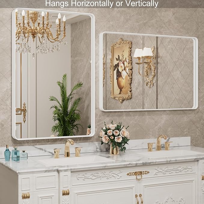 LOAAO 40x32 Inch White Metal Framed Bathroom Mirror - Image 3