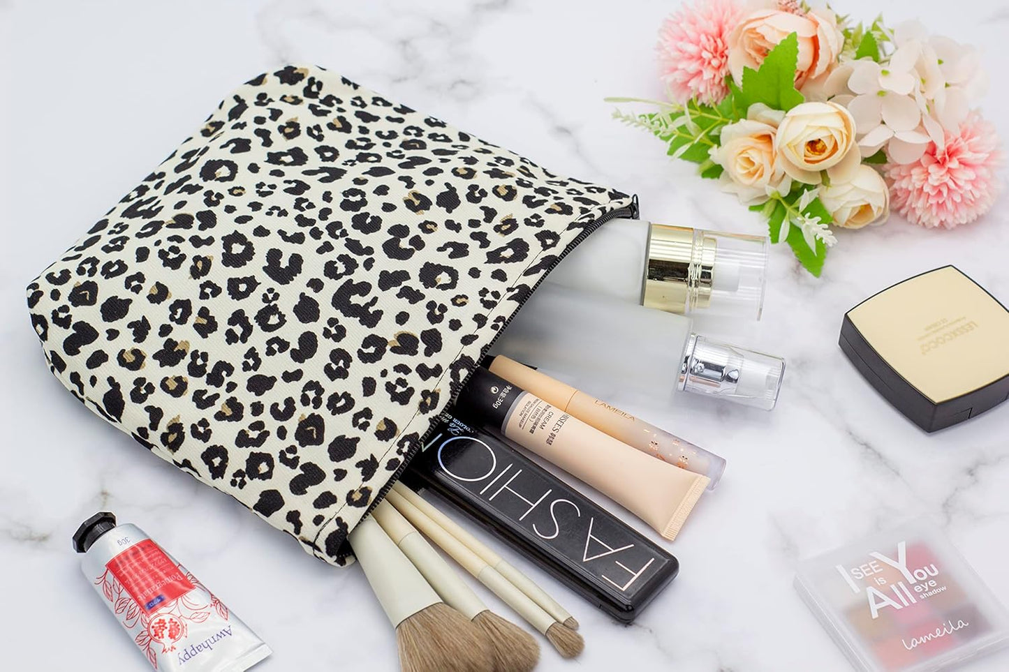 Makeup Bags for Purse Zipper Cosmetic Pouch Large Travel Canvas Make Up Organizer Tool Pouch for Women and Girls,Leopard Ivory