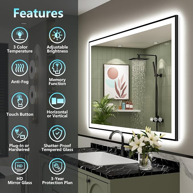 40x24 Black Framed LED Bathroom Mirror - Image 2