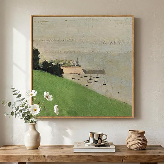 Framed Green Abstract Landscape Wall Art, Modern Minimalist Coastal Canvas by Cuspin