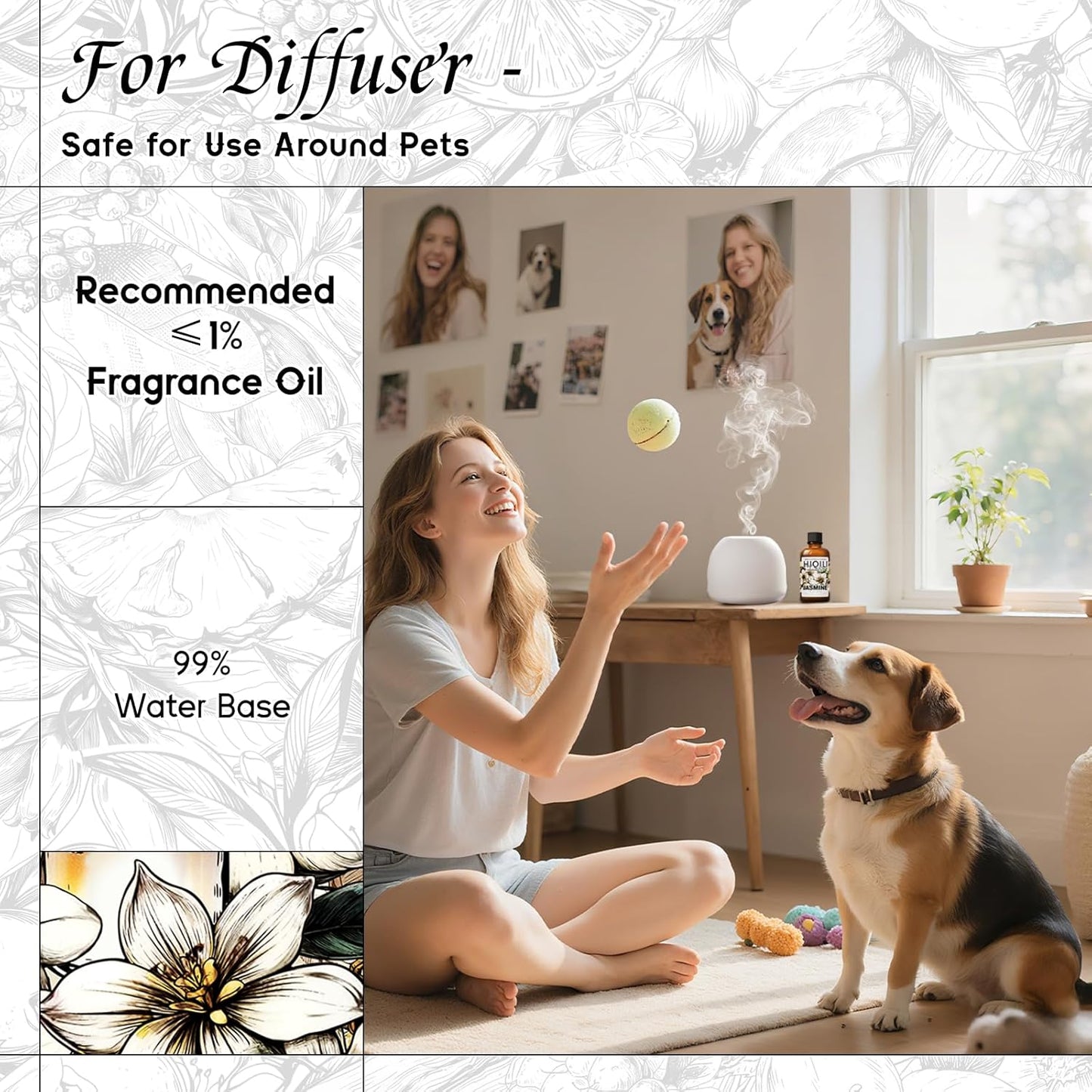 HIQILI Jasmine Fragrance Oil for Aromatherapy Diffuser, Floral Scent for Candle, Perfume Making, Skin Care, Laundry Essential Oil - 1 Fl Oz