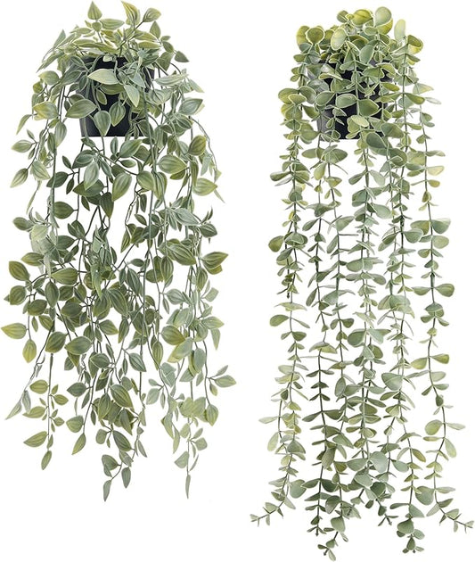 Der Rose 2Pcs Fake Plants Hanging Artificial Decor Faux Potted Eucalyptus and by DerRose