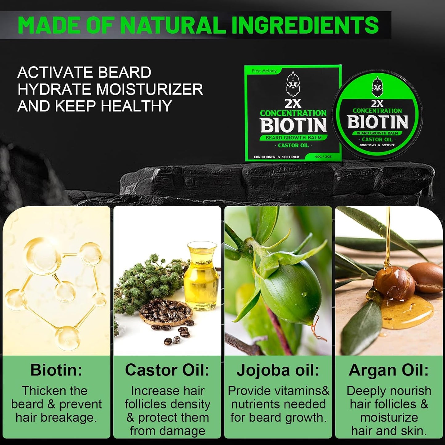 Beard Balm, 2X Thickening Biotin, with Castor Oil and Argan & Jojoba Oils, Promotes Beard Growth, Styles, Strengthens & Softens Beards & Mustaches, 2 Ounce, Vanilla, Cedar, Orange