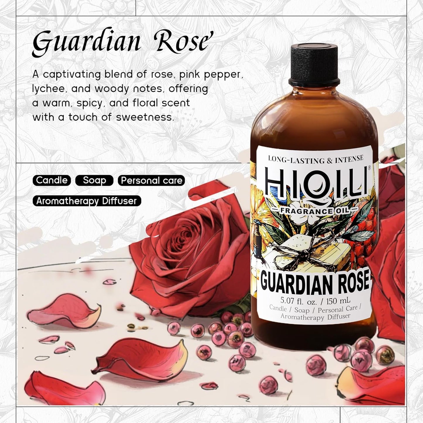HIQILI Guardian Rose Fragrance Oil for Making Candles, Inspired by Byrdo No Men's Land Rosa, DIY Soaps, Perfume, Scent Diffusers, Skin & Hair Care - 5.07Fl Oz