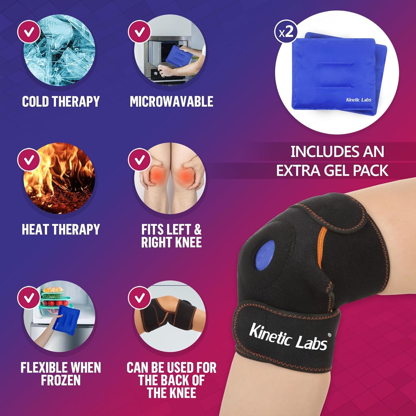 Knee Ice Wrap by Kinetic Labs – Reusable Hot & Cold Gel Pack with Extra Insert – Ice Pack for Knee Injuries, Meniscus, ACL, Tendonitis
