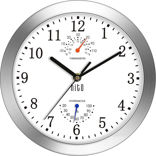 HITO 10 Inch Silent Wall Clock Battery Operated Non Ticking Glass Cover Silver by hito