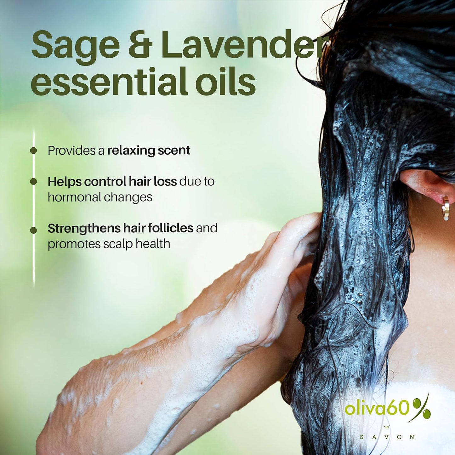 Shampoo Bar Sage Lavender | Hair Care - Made with Olive, Argan & Macadamia Oil | Sulfate & Paraben Free | Natural Hair Care | 3.5 oz | Hydrating & Strengthening | OLIVA 60