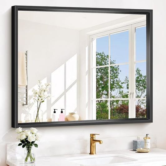 Bathroom Mirror, 42 x 36 Inch Brushed Black Rectangle Mirror, 0.6" Thickened by WelcometoCIVENO