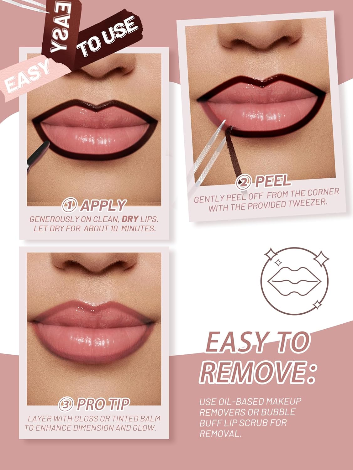 Lip Stain Peel Off Lip Liner Stain with Tweezer, Long Lasting Matte Lip Tint Tattoo, Highly Pigmented Color Lip Makeup, Waterproof Lipstick, Transfer-proof Lipstain for Women, Cool Rose