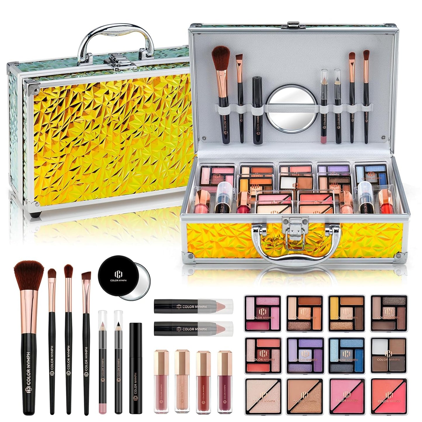 Color Nymph Beginner Makeup Kit for Teens, Train Case Girls Makeup Set with Eye Shadow, Lipstick, Blush, Brushes, Lipgloss, Mascara, Brow Wax and Mirror Green Full Starter Cosmetics Set