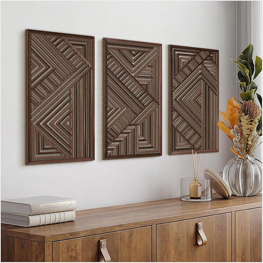 VIYYIEA Boho Solid Wood Carved Wall Art Set of 3, Geometric Minimalist Wooden by VIYYIEAART