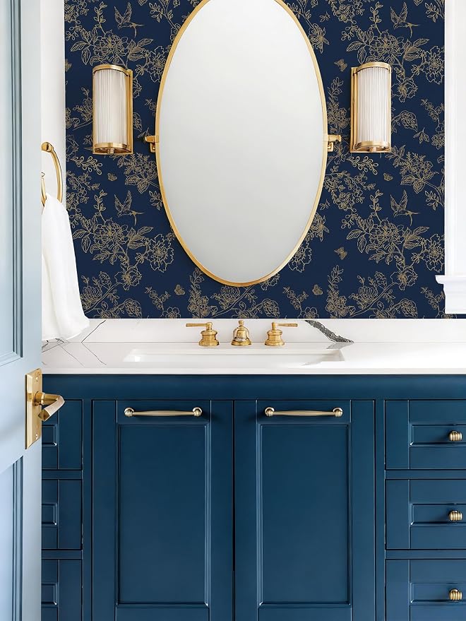 Froluya Dark Blue and Gold Vintage Floral Peel and Stick Wallpaper 17.7"x118.1" - Image 4