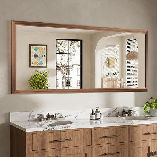 72x32 Inch Bathroom Mirror for Wall, Anti-Rust Walnut Wood Grain Metal Framed by Briivuemodernmirrors