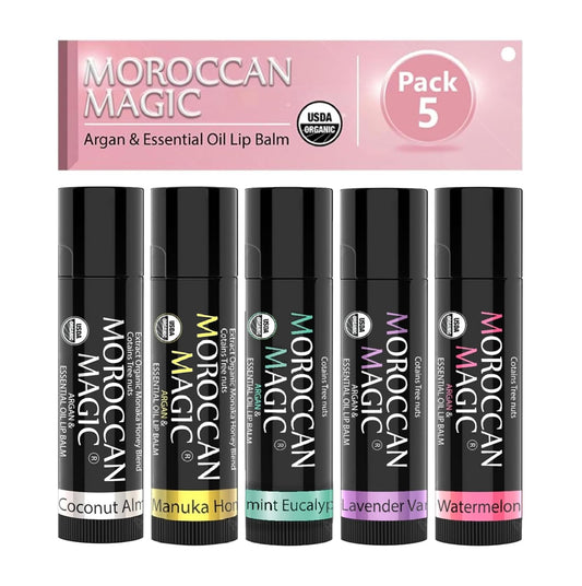 Moroccan Magic Organic Lip Balm 5 Piece Variety Pack Gift Set | Ultra-Hydrating Argan & Essential Oil Lip Moisturizer + Vitamin E | Smooth | Natural | Non-Toxic | Cruelty Free | 5 Pack