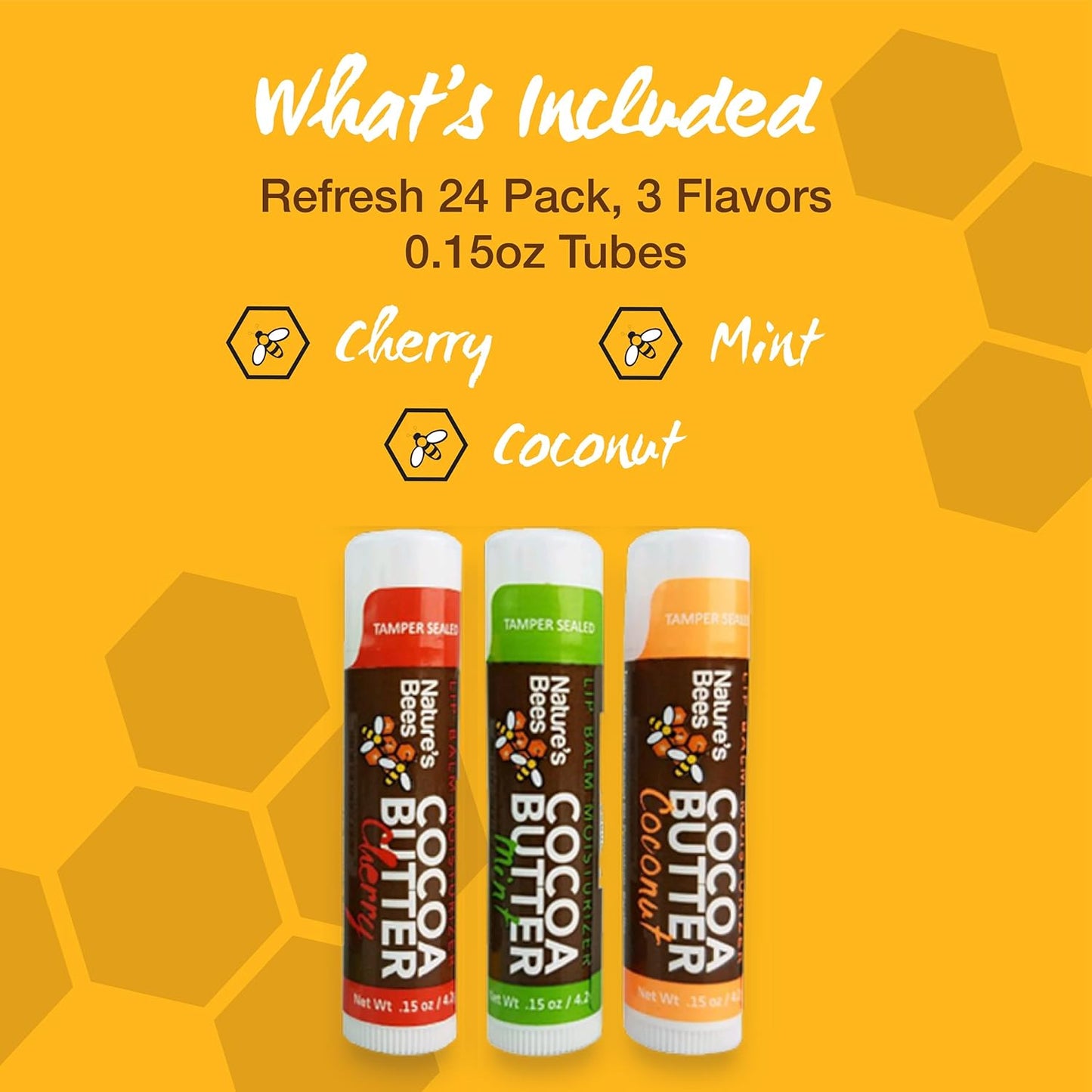 Nature's Bees Cocoa Butter Lip Balm, Lip Care for Dry Lips, Made with Coconut Oil, Beeswax, Vitamin E, Aloe, and Shea Butter, 0.15 oz Each, 3 Flavors Coconut, Cherry, and Mint, 24 Pack