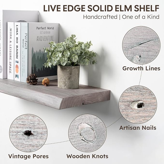 Live Edge Floating Shelves Set of 2, 36 Inch Solid Elm Wood Wall Shelves - Image 4