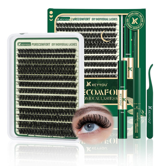 KEYYOU DIY Lash Extension Kit - 280pcs Soft Clusters - 100D Curl - Easy to Apply with Bond, Seal & Remover - At Home