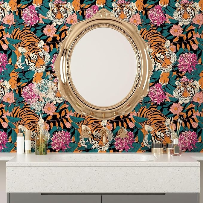 BOKEBEVE Tiger Wallpaper Peel and Stick Vintage Floral Contact Paper Retro Boho - Image 3
