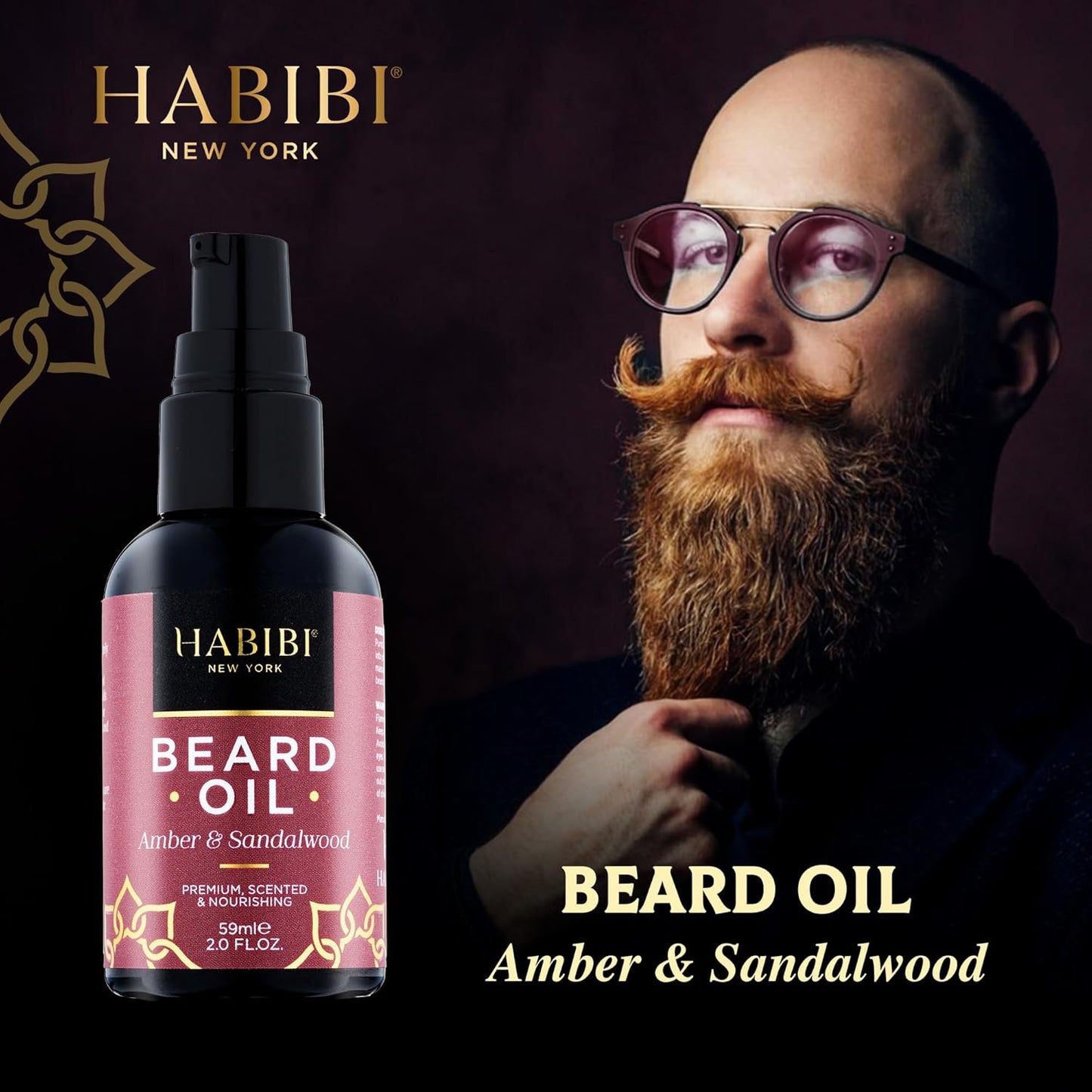 H HABIBI Amber & Sandalwood Beard Oil – 2.0 Fl. Oz Naturally Derived Beard Growth Oil for Men, Beard Care Essential – Hydrates, Nourishes & Promotes Healthy Growth, Made in USA