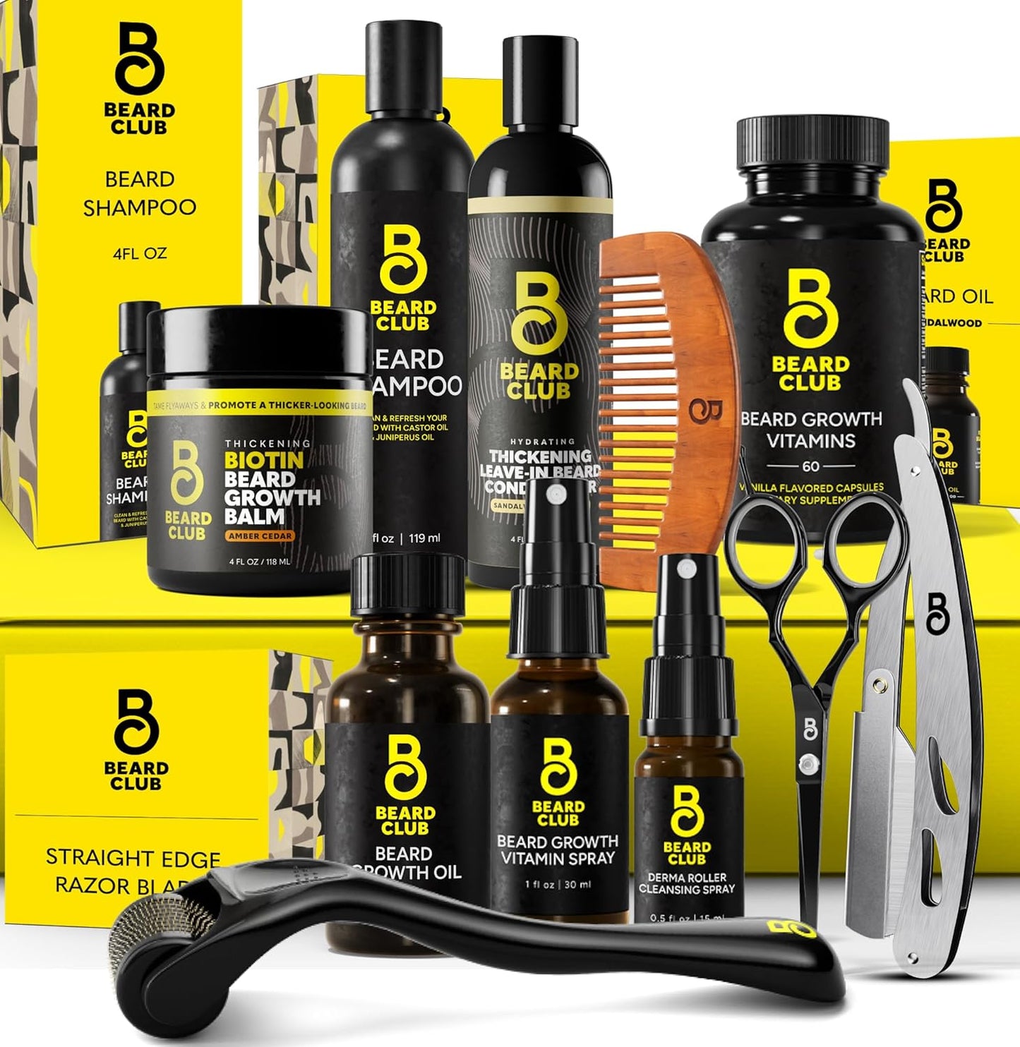 The Beard Club Titanium Beard Growth Kit - Derma Roller, Growth Oil, Vitamins, Vitamin Spray, Biotin Balm, Thickening Conditioner, Shampoo, Straight Razor, Scissors, Comb, Cleansing Spray - Gift Set