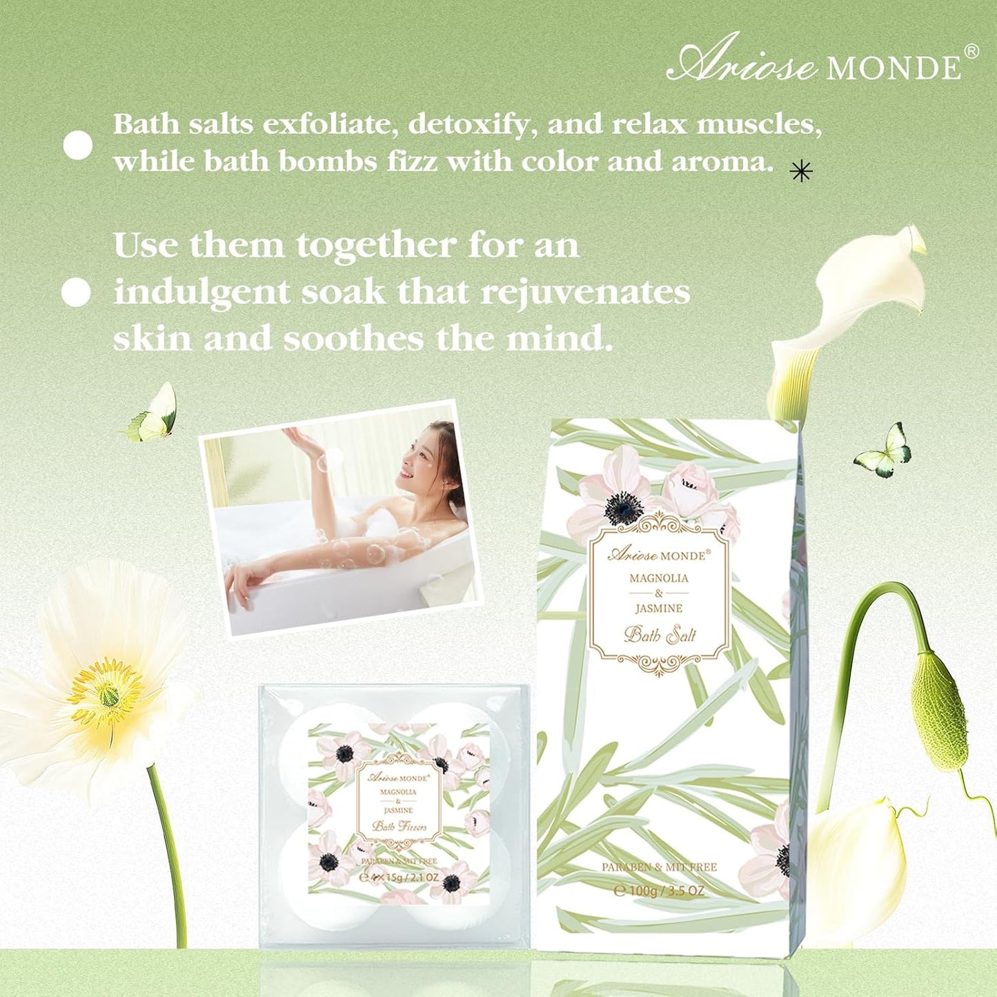 Spa Gifts for Women, Bath Sets, 7Pcs Spa Gift Set w/Shower Gel, Bubble Bath, Bath Salts, Bath Bomb, Body Lotion, Christmas Gifts for Women, Magnolia & Jasmine Bath Set