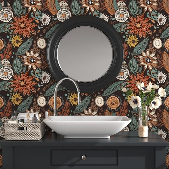 Rustic Boho Wallpaper Peel and Stick, Vintage Dark Brown Floral Contact Paper - Image 2