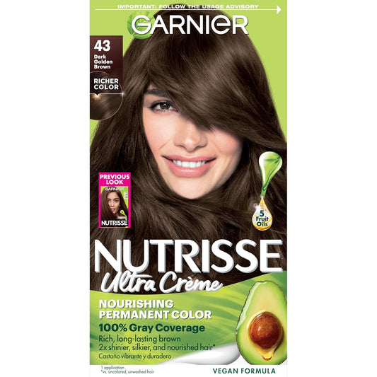 Garnier Hair Color Nutrisse Nourishing Creme, 43 Dark Golden Brown (Cocoa Bean) Permanent Hair Dye, 1 Count (Packaging May Vary)