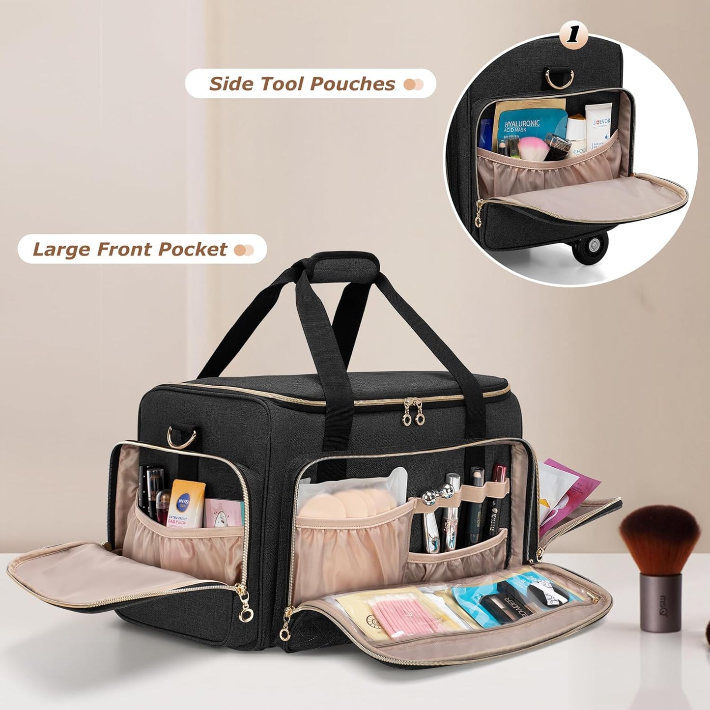 LUXJA Rolling Makeup Case with 3 Removable Pouches and 1 Makeup Brush Bag, Large Makeup Bag Cosmetic Bag with Detachable Dolly (Patented), Black